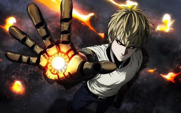 HD wallpaper of Genos from the anime One-Punch Man, showcasing his battle-ready stance with a glowing mechanical arm against a fiery, dramatic background.