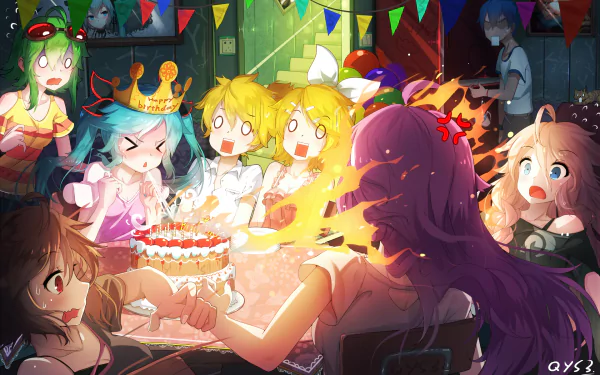 Animated artistic depiction of Vocaloid characters including Hatsune Miku, Rin and Len Kagamine, and others celebrating a festive party with colorful decorations and a cake. HD desktop wallpaper.