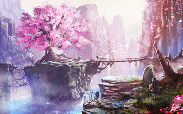 HD anime landscape wallpaper of a serene scene featuring a blooming cherry blossom tree on a cliff, connected by a bridge, with a pastel-colored background.