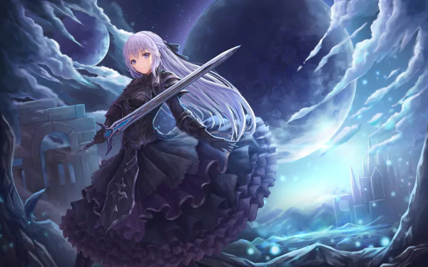 HD wallpaper featuring an anime girl with long lavender hair, holding a sword, set against a dramatic, moonlit sky with crumbling ruins in the background.