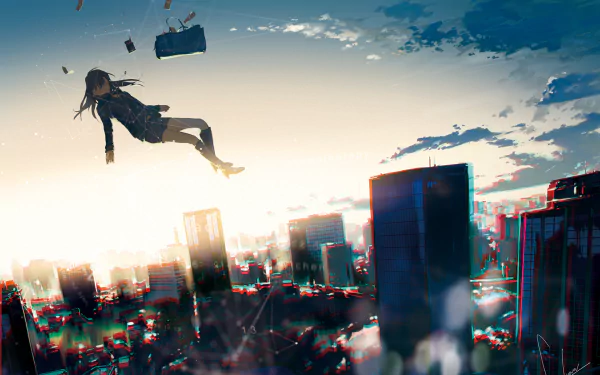 Anime-inspired original HD desktop wallpaper featuring a character floating above a vibrant, futuristic cityscape during sunset.