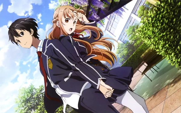 Kazuto Kirigaya and Asuna Yuuki from Sword Art Online stand together in school uniforms, set against a vibrant outdoor backdrop, showcasing their strong bond in this HD anime wallpaper.