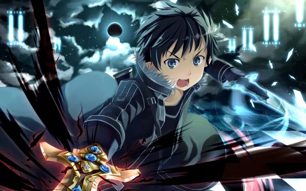 HD wallpaper featuring Kirito (Kazuto Kirigaya) from Sword Art Online, in a dynamic anime scene wielding a sword with bright backgrounds and cloudy skies.
