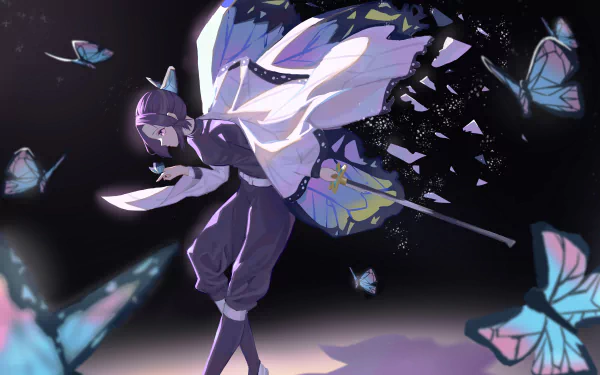 A 4K Ultra HD anime wallpaper featuring Shinobu Kochou from Demon Slayer: Kimetsu no Yaiba surrounded by glowing blue butterflies in a dynamic, dark background.