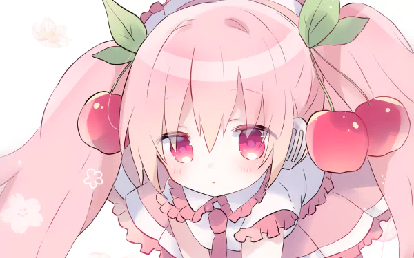 A vibrant HD wallpaper featuring Hatsune Miku, an iconic character from the Vocaloid series, depicted in anime style with pink hair and cherry-themed accessories.