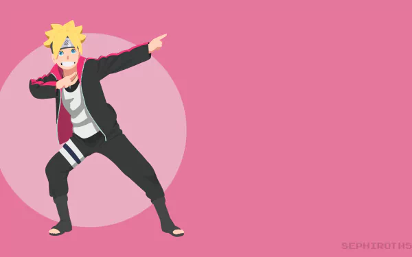 HD desktop wallpaper featuring Boruto Uzumaki from the anime Boruto, posing dynamically against a pink background.