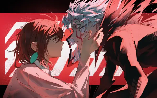 HD anime desktop wallpaper featuring Dandadan characters Ken Takakura and Momo Ayase in a dramatic close-up scene with vivid red and dark tones.