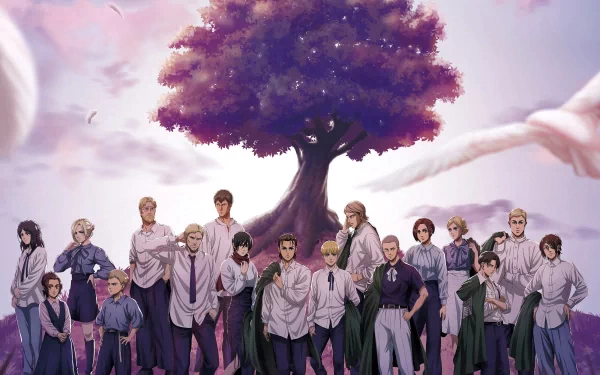 A vibrant 8K Ultra HD wallpaper featuring characters from the anime Attack on Titan standing under a majestic purple tree, capturing a powerful moment in the series.