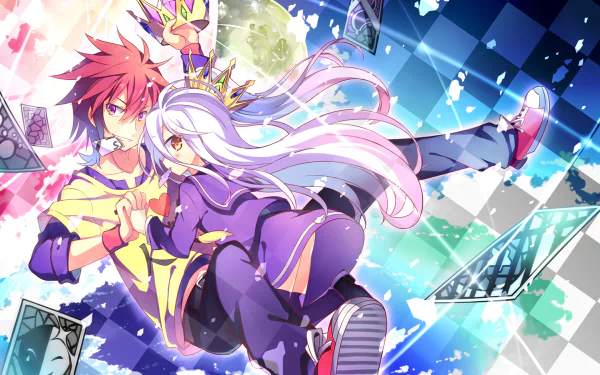 Shiro and Sora from No Game No Life in an HD anime wallpaper with vibrant colors and a dynamic composition.