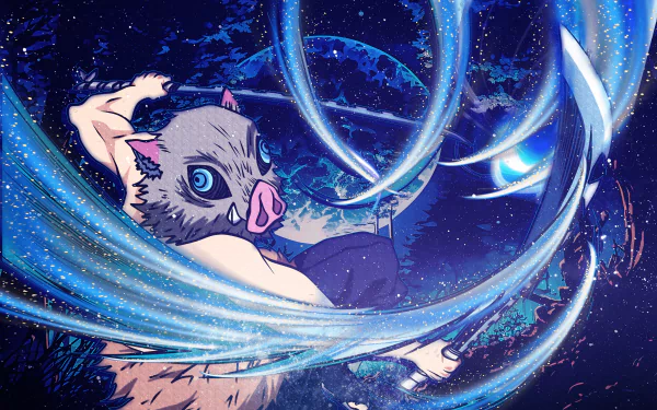 Inosuke Hashibira from Demon Slayer: Kimetsu no Yaiba in dynamic action pose, rendered as a vibrant 4K Ultra HD anime desktop wallpaper.