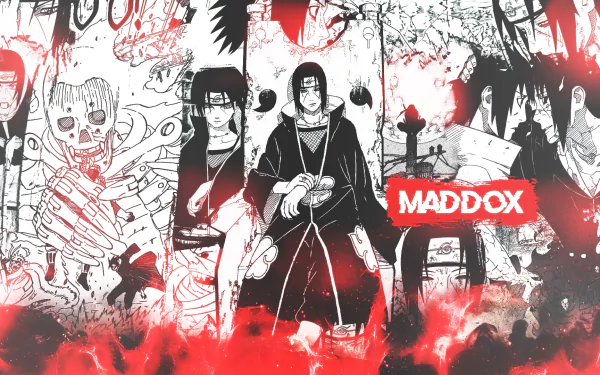 HD PC desktop wallpaper featuring Itachi Uchiha from the anime Naruto, showcasing multiple stylized black-and-white illustrations with red accents.