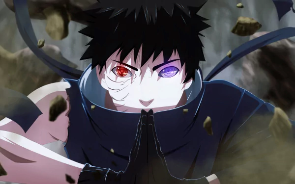 HD desktop wallpaper of Obito Uchiha from Naruto, featuring his Sharingan and Rinnegan eyes, set against a dynamic battle backdrop.