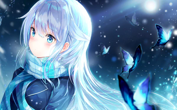 HD desktop wallpaper featuring an anime girl with long white hair, blue eyes, and blush, shedding a tear. Butterflies flutter around her in a night sky, creating a serene and emotional atmosphere.