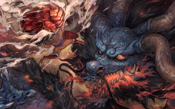 Epic 4K Ultra HD anime wallpaper showcasing Monkey D. Luffy in Gear Fourth clashing fiercely with Kaido in an intense One Piece battle scene.