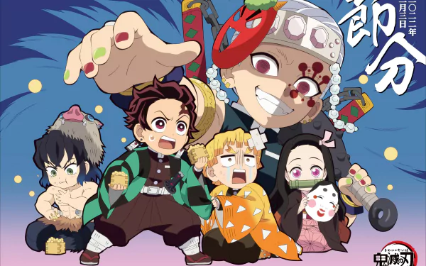 Anime 4K Ultra HD desktop wallpaper featuring Demon Slayer: Kimetsu no Yaiba characters in vibrant colors and dynamic poses with traditional festival elements.