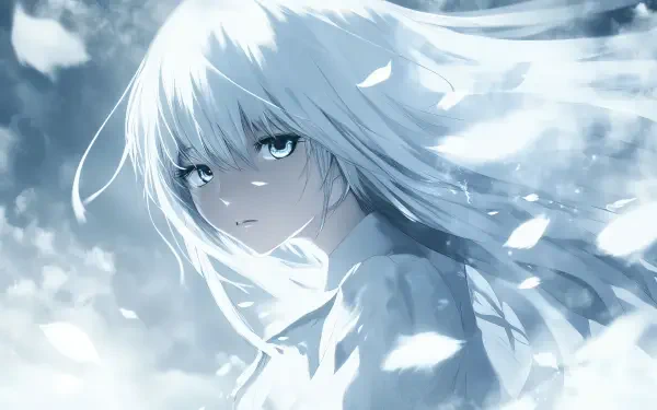 A serene anime character with long white hair gazes intently, surrounded by floating petals, in this 4K Ultra HD wallpaper and background, featuring soft, ethereal tones.
