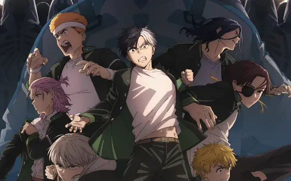 HD PC desktop wallpaper featuring anime characters from Wind Breaker in dynamic, intense poses against a dark, dramatic background.