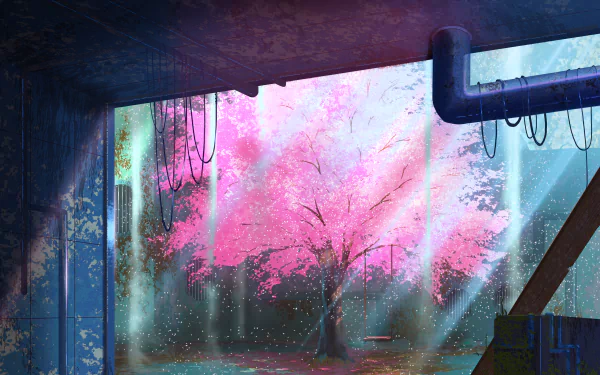 HD anime wallpaper featuring a beautiful sakura tree in a fall setting, viewed through an industrial structure with pipes and beams.
