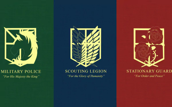 HD desktop wallpaper featuring the emblems of the Military Police Brigade, the Scouting Legion, and the Stationary Guard from the anime Attack on Titan.