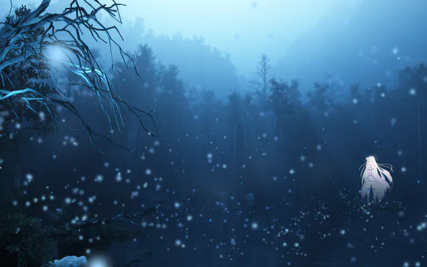 A serene HD wallpaper featuring Emilia from Re:Zero - Starting Life in Another World, standing in a magical, snowy forest at night. The ethereal atmosphere highlights the beauty of the anime scene.