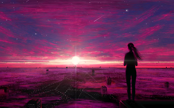 HD desktop wallpaper featuring an original anime artwork. The image depicts a silhouette of a person standing before a vibrant, purple-toned sunset sky, blending colors of pink, purple, and blue.