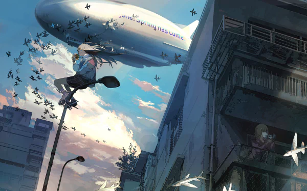 Anime-inspired HD wallpaper featuring a girl jumping towards a zeppelin in a city under a bird-filled sky.
