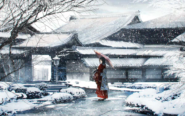 An anime-style winter scene of a snow-covered house surrounded by trees. A person with an umbrella stands outside. HD desktop wallpaper and background.