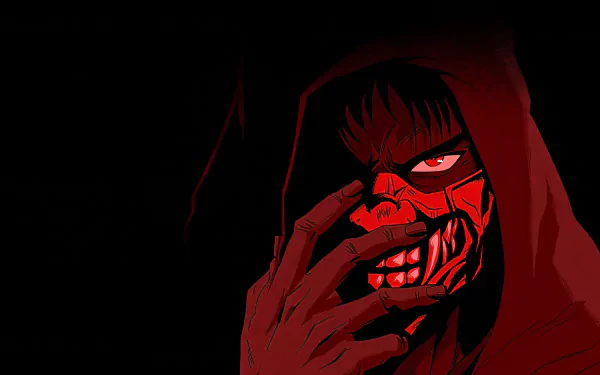 A striking HD desktop wallpaper featuring an anime character from Ninja Kamui, shrouded in darkness with a menacing masked expression and vivid red highlights.