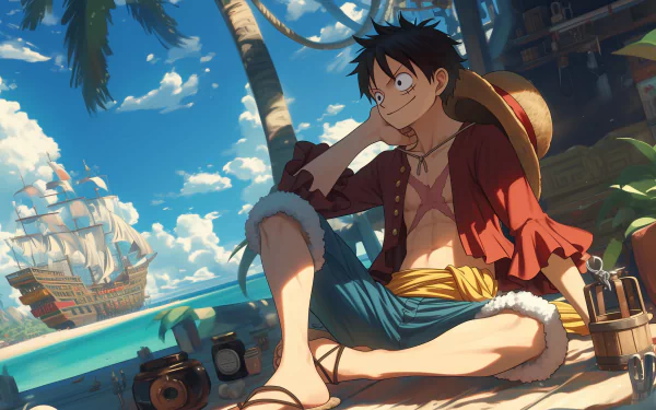 HD desktop wallpaper featuring Monkey D. Luffy from One Piece anime, lounging by the beach with a ship in the background.