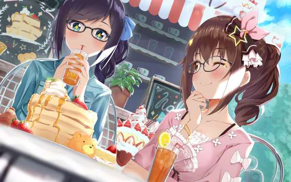 HD desktop wallpaper featuring Hololive virtual YouTubers Yuujin A and Tokino Sora enjoying drinks and desserts at a cafe.