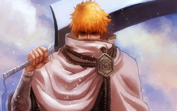 HD Wallpaper of Ichigo Kurosaki from Bleach anime, featuring his iconic orange hair and large sword, set against a dreamy, softly colored background.