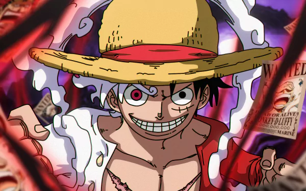 HD PC desktop wallpaper featuring Monkey D. Luffy in Gear 5 form from the anime One Piece, showcasing his intense expression and iconic straw hat.