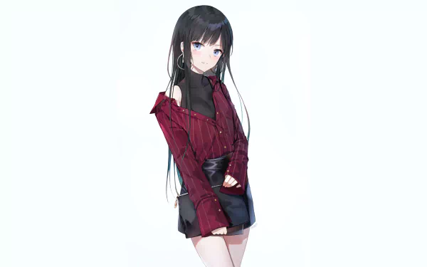 HD wallpaper featuring an anime girl with long black hair, blue eyes, wearing a red and black outfit. The image provides a clean, visually appealing background for desktops.
