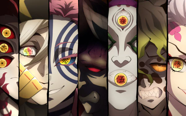HD desktop wallpaper featuring characters from the anime Demon Slayer: Kimetsu no Yaiba, showcasing intense and dramatic facial expressions of various demons.