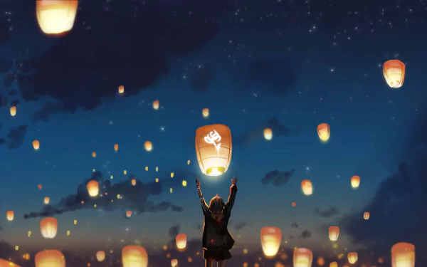 An anime-style night scene with a starry sky, featuring a person releasing a lantern into the air among many others. This HD wallpaper captures a serene, dreamlike moment.
