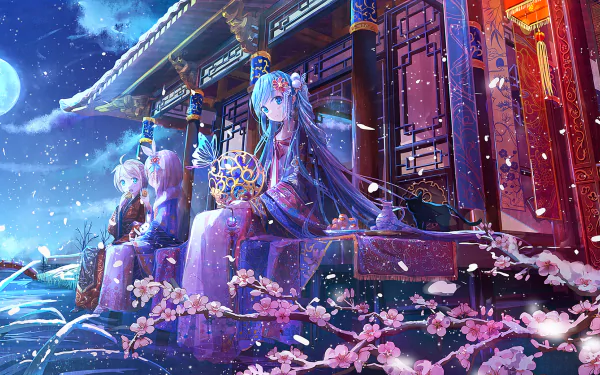 HD desktop wallpaper of an Anime Vocaloid scene featuring elegant characters in traditional attire, set in a beautiful, moonlit landscape with cherry blossoms and an ornate building.