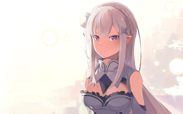 HD desktop wallpaper featuring Emilia from the anime Re:Zero - Starting Life in Another World. The image portrays Emilia with a serene expression, set against a soft, light-filled background.