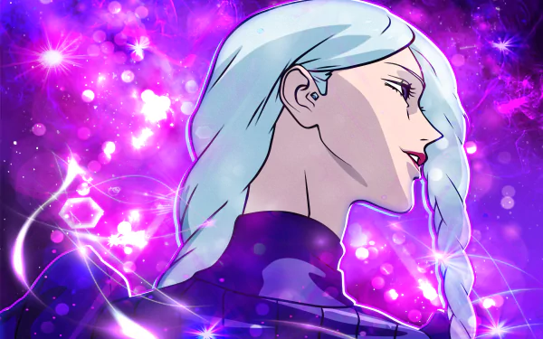 4K Ultra HD anime wallpaper featuring Mei Mei from Jujutsu Kaisen with glowing purple and pink cosmic background on a PC desktop.