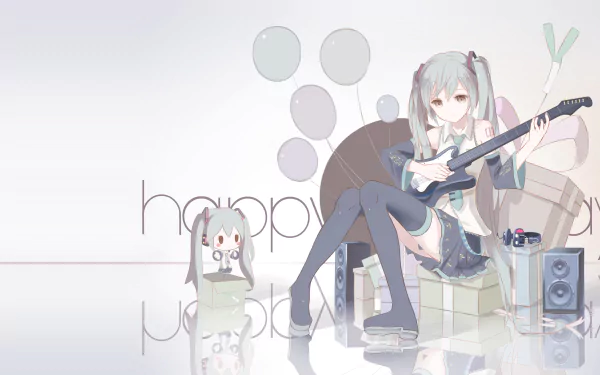 A vibrant HD wallpaper featuring Hatsune Miku, an iconic anime Vocaloid character, playing guitar amid playful balloons and a whimsical backdrop.