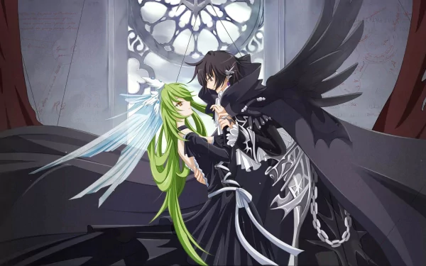 HD desktop wallpaper featuring Lelouch Lamperouge and C.C. from Code Geass. The duo is elegantly dressed with a dramatic background, evoking an intense and mysterious atmosphere.