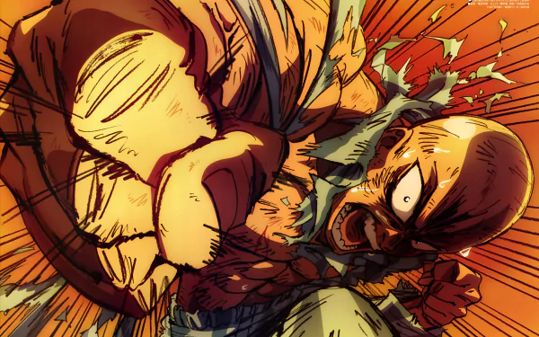HD desktop wallpaper featuring Saitama from the anime One-Punch Man, showcasing an intense action scene with vibrant colors and dynamic motion.