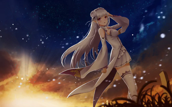 HD wallpaper featuring Emilia from Re:Zero - Starting Life in Another World, an elf with white hair, purple eyes, and long hair, wearing a skirt and thigh-highs, set against a starry sky with a glowing horizon.