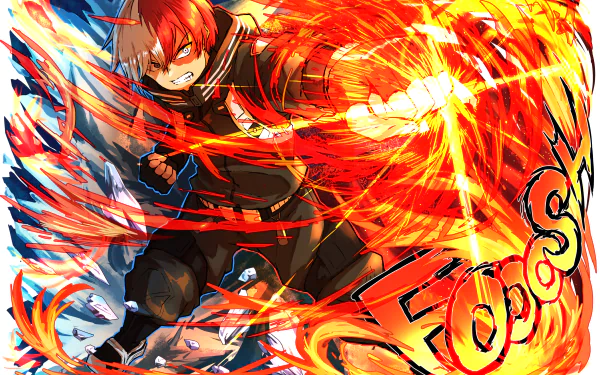 HD PC desktop wallpaper featuring Shoto Todoroki from the anime My Hero Academia, showcasing his fiery and icy powers in dynamic action.
