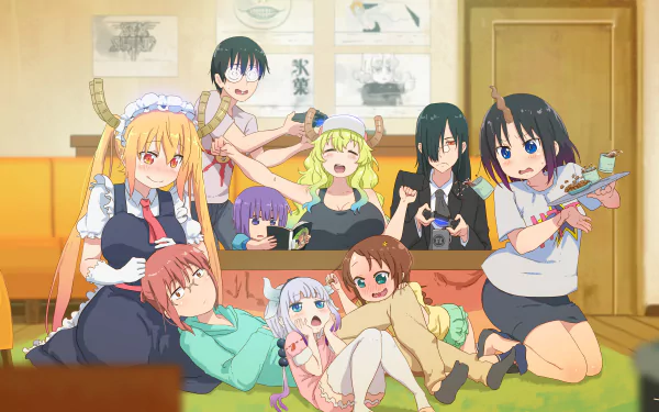 HD desktop wallpaper featuring characters from Miss Kobayashi's Dragon Maid, including Tohru, Kanna Kamui, Kobayashi, Shouta Magatsuchi, Fafnir, Elma, Quetzalcoatl, and Riko Saikawa, all in a cozy setting.