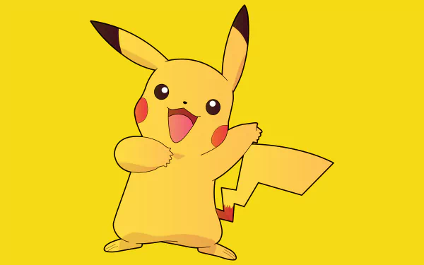 HD desktop wallpaper featuring Pikachu, the beloved Pokémon character, set against a vibrant yellow background. This anime image captures Pikachu's playful expression and energetic pose.