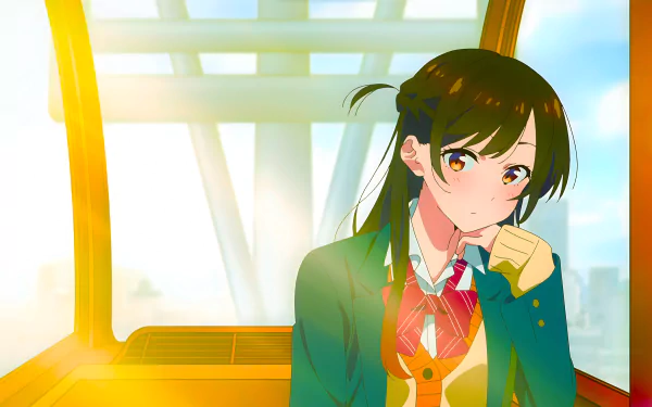 Chizuru Ichinose from Rent-A-Girlfriend in vibrant anime style, featured in a 4K Ultra HD PC desktop wallpaper with warm sunlight and soft background elements.