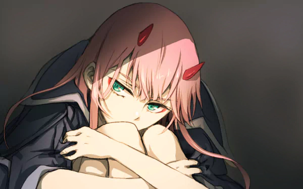 HD desktop wallpaper featuring Zero Two from Darling in the FranXX, showcasing her distinctive pink hair and green eyes.