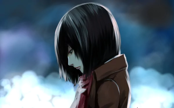 HD desktop wallpaper featuring Mikasa Ackerman from Attack on Titan, depicted with a somber expression and detailed in anime style.