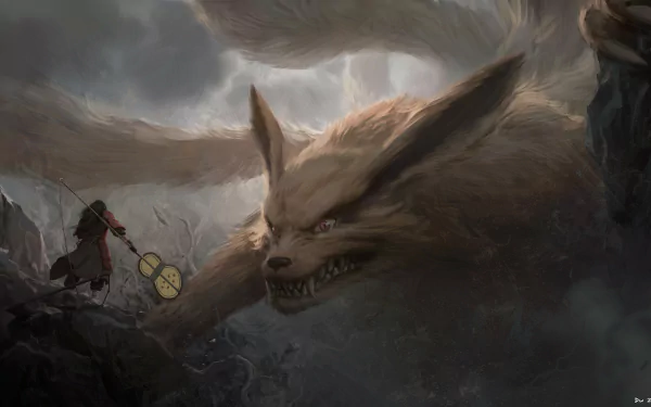HD desktop wallpaper featuring a dramatic scene from Naruto with Kurama the nine-tailed fox in a dynamic confrontation, set in a tempestuous landscape.