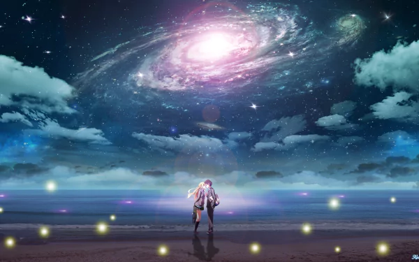 HD desktop wallpaper from Your Lie in April featuring anime characters Kousei Arima and Kaori Miyazono under a starlit sky with a vibrant galaxy.